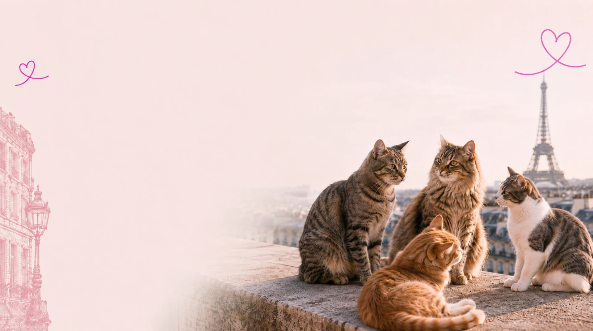Grupo de gatos en una terraza de Paris con la Torre Eiffel al fondo